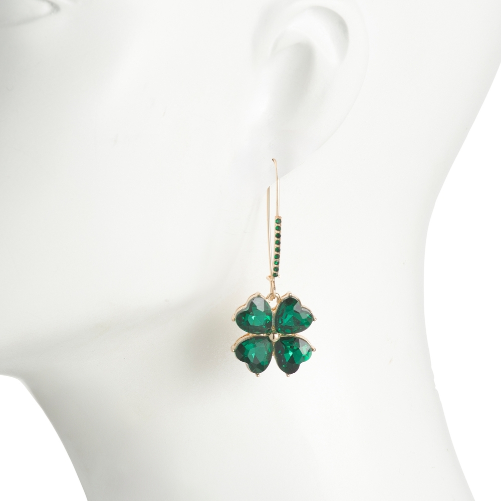 Betsey Johnson Shamrock Four Leaf Clover Green Crystal Earrings 2" New In Box - Picture 5 of 5